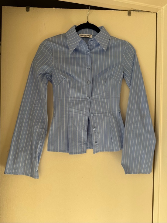 Princess Polly Tops - Princess Polly Light Blue Pinstripe Fitted Button-Up Shirt